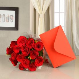 bunch of 10 red roses and a greeting card